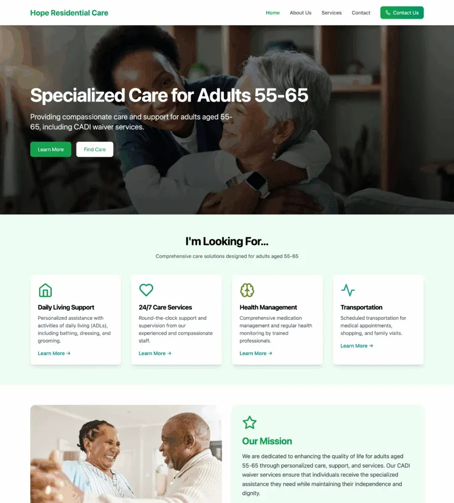 Hope Residential Care homepage design